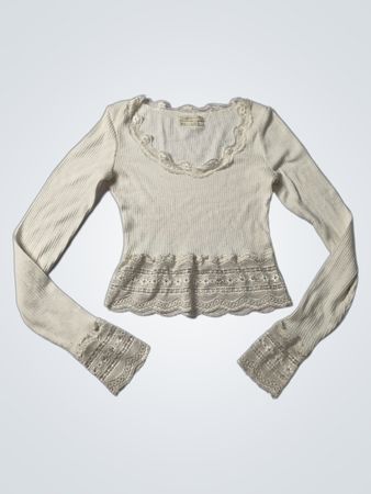 Urban Outfitters Ribbed Lace Trim Long Sleeve Top