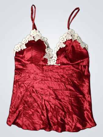 Red Satin Cami with White Lace Trim