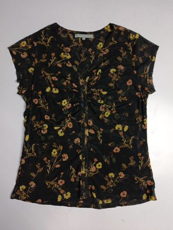 danielrainn Women's Black Floral Ruched Sheer Mesh Top