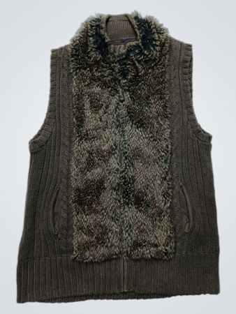 CECIL WOMEN'S BROWN KNITTED VEST WITH FAUX FUR COLLAR