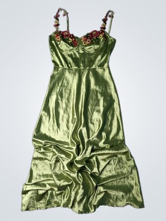 Green satin slip dress with floral embroidery