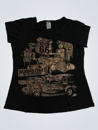 Black T-Shirt with Historic Route 66 and Classic Cars Graphic