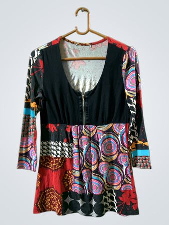 Langärmeliges Patchwork-Muster Reißverschluss-Oberteil