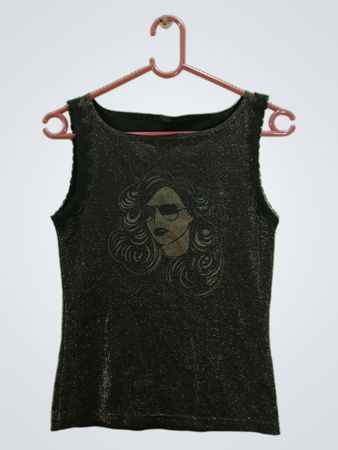 Schwarzes Glitzertanktop mit Grafikdruck