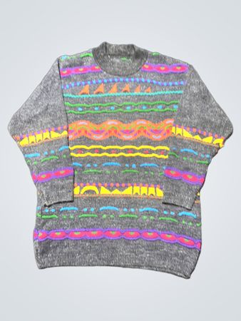Gray Sweater with Colorful Geometric Pattern