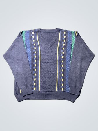 Pull-over en V bleu marine avec motif géométrique bleu et vert