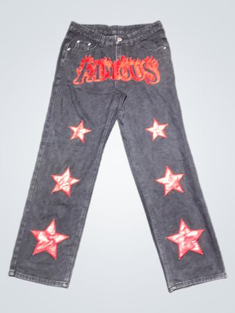 ROMWE Schwarze Jeans aus Denim mit roten Sternen und Flammenlogo