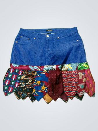 Iman Blue Denim Skirt with Tie Patchwork Hem