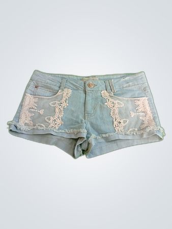 Light Blue Denim Shorts with Lace Details