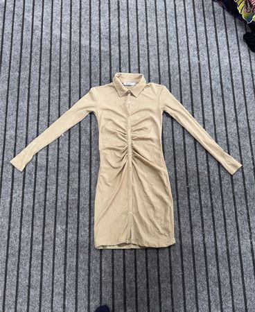 NA-KD Beige Ruched Button-Down Long Sleeve Dress