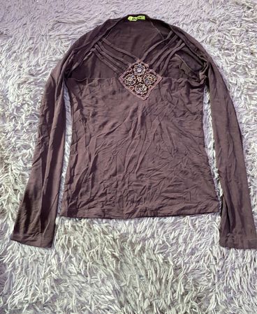 Dore Brown Long-Sleeve Crossover Blouse
