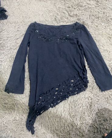 Black Long Sleeve Beaded Blouse with Fringe Hem