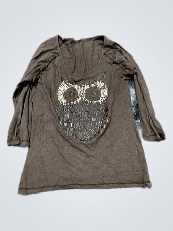 Brown Beaded Owl Print Long Sleeve Top
