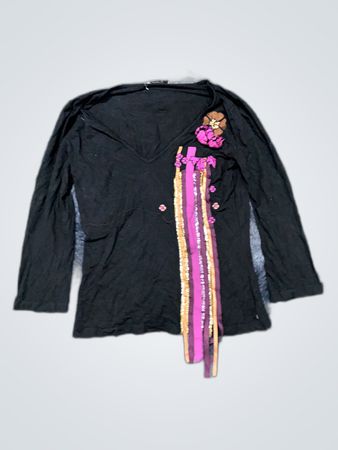 Black Long Sleeve Blouse with Ribbon and Floral Details