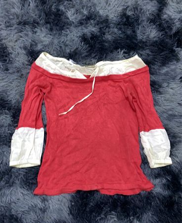 Red and White Off-the-Shoulder Sweater
