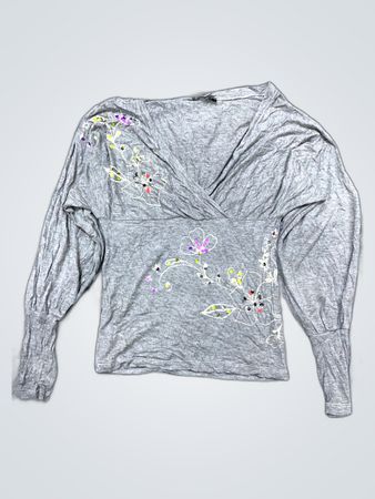 Gray Embroidered Knit Blouse