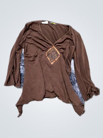 Mango Brown Embroidered V-Neck Blouse