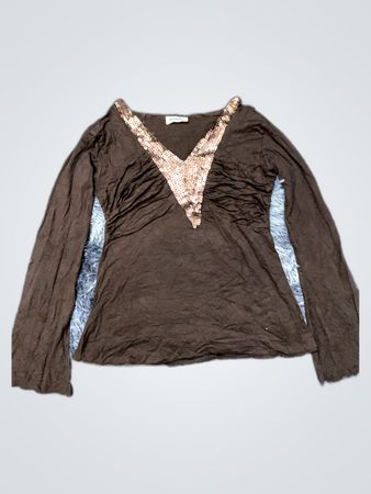 Sandro Brown Sequined V-Neck Blouse