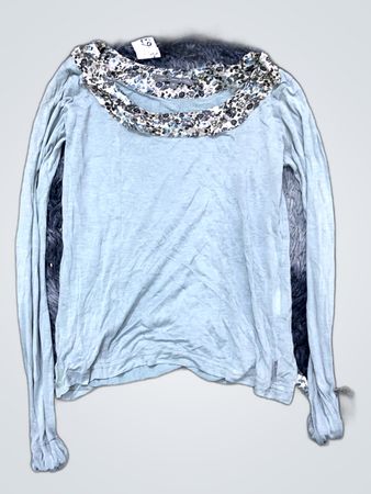 Light Blue Long Sleeve Knit Blouse with Floral Collar