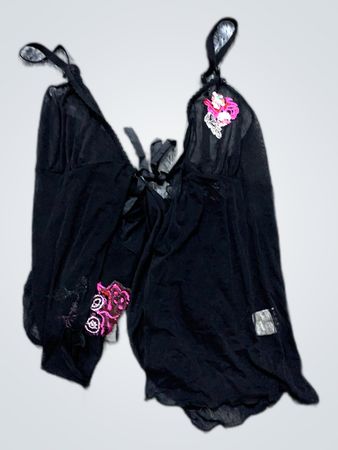 Black Lace Chemise with Pink Flowers
