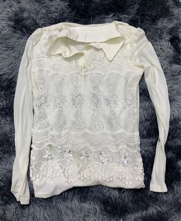 White Long Sleeve Blouse with Embellishments