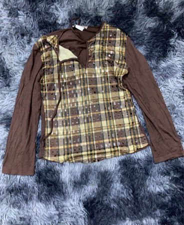 Printed Sequin Plaid Long Sleeve Blouse