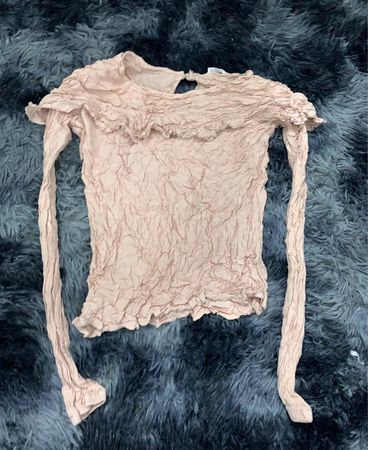 Beige Crinkled Ruffle Sleeve Blouse