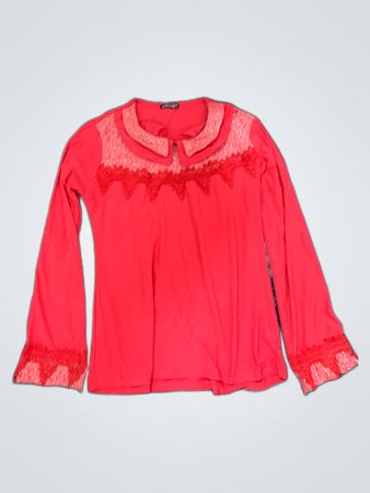 Red Lace Trim Long Sleeve Blouse