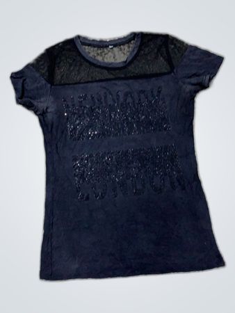 Navy Mesh Panel T-Shirt with London Sequins