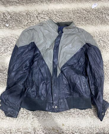 Grey and Navy Leather Bomber Jacket