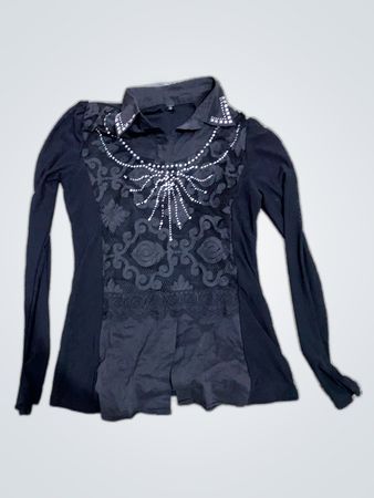 Black Long-Sleeve Blouse with Rhinestone Embellishment
