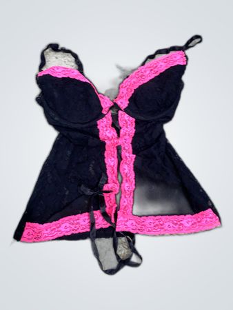 Unbranded Black Lace Babydoll with Pink Trim