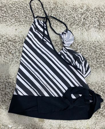 Black and White Striped Halter Neck Swimsuit Top