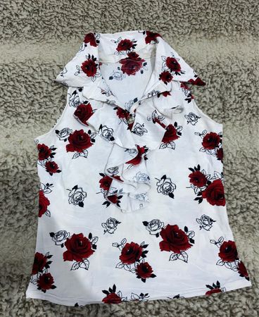 White Rose Print Ruffle Collar Blouse