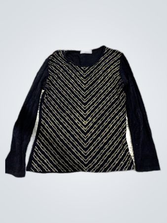 Sandro Black Long-Sleeve Knit Sweater with Gold Chain Embroidery