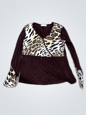 Brown Long Sleeve Top with Animal Print Accents