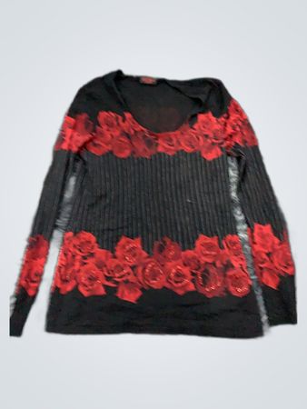 Black Knit Long Sleeve Sweater with Red Rose Applique