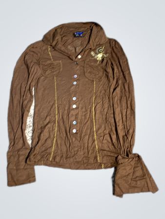 BCBG Brown Long-Sleeve Embroidered Blouse
