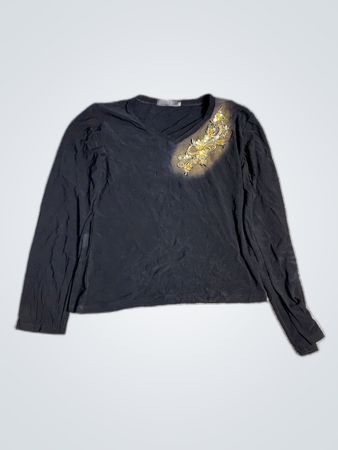 TSE Black Long-Sleeve V-Neck Blouse with Gold Embellishments