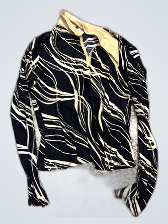 Black Wavy Print Long Sleeve Polo Shirt