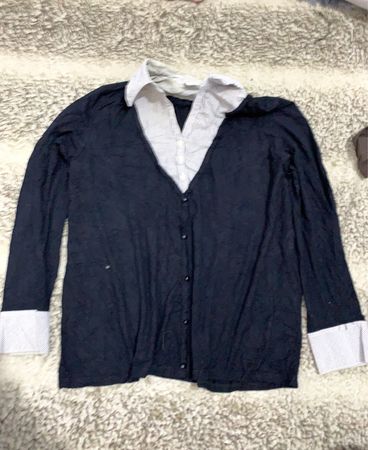 Navy Blue Knit Cardigan with White Striped Collar