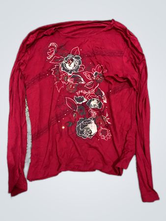 Red Embroidered Floral Long Sleeve Blouse