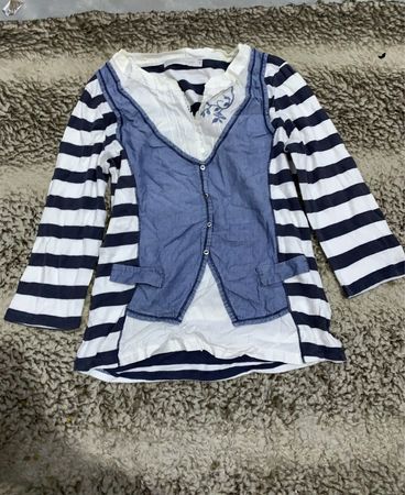 Zara Striped Long Sleeve Blouse with Denim Vest