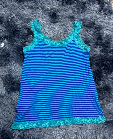 Blue Striped Tank Top with Lace Trim