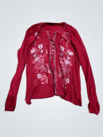 Red Long Sleeve Blouse with Floral Embroidery