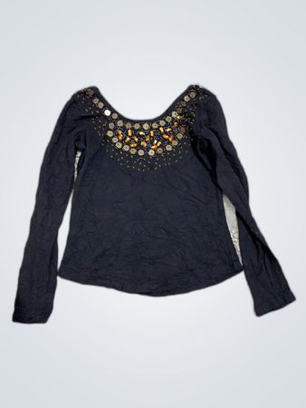 Black Beaded Shoulder Long Sleeve Blouse