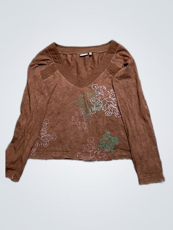 GAP Brown Floral Embroidered Long Sleeve V-Neck Top