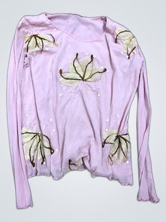 Pink Long-Sleeve Shirt with Floral Embroidery