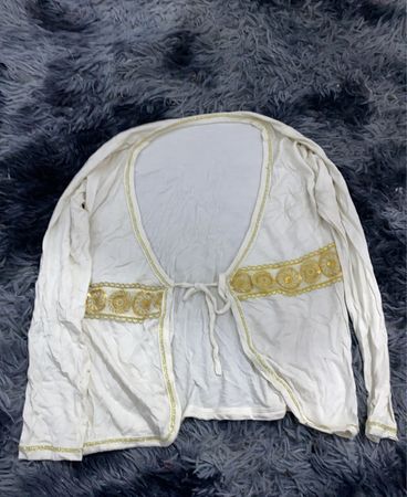 White Long-Sleeve Top with Gold Trim