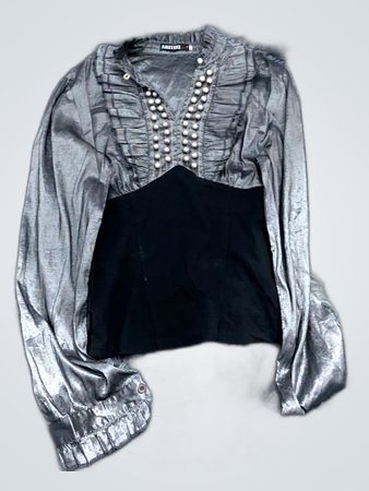 Gray Long Sleeve Blouse with Pearls